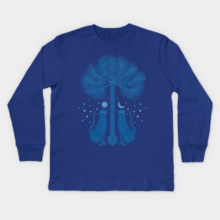 Cheetah Twins and Palm Tree in Blue Kids Long Sleeve T-Shirt